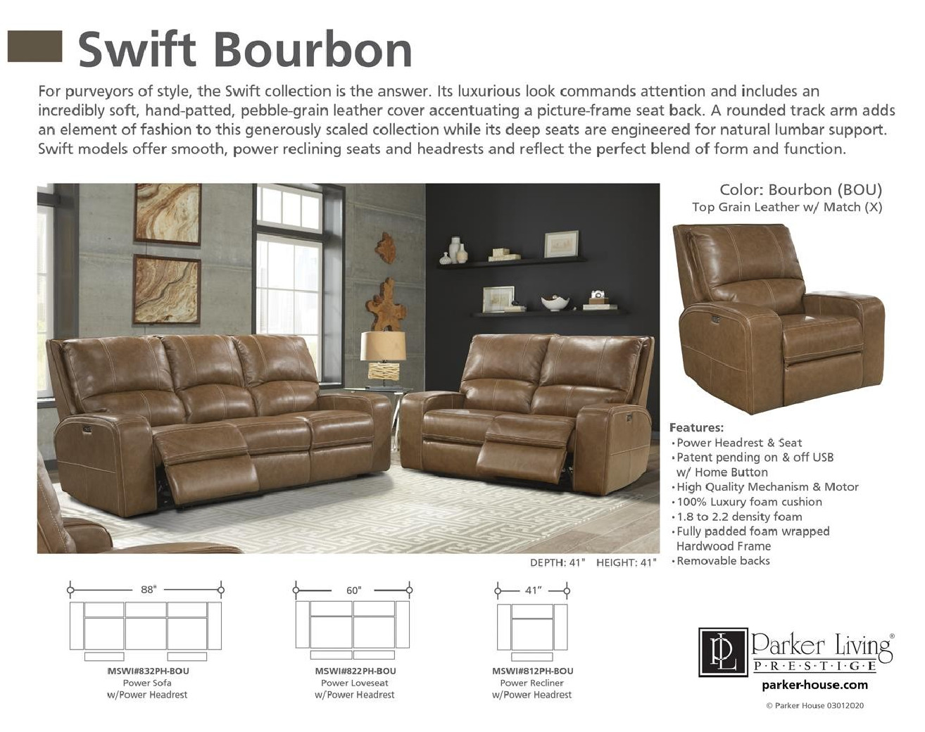 Swift-Bourbon Loveseat Power / Top Grain Leather By Parker-House Furniture. MSWI822PH-BOU