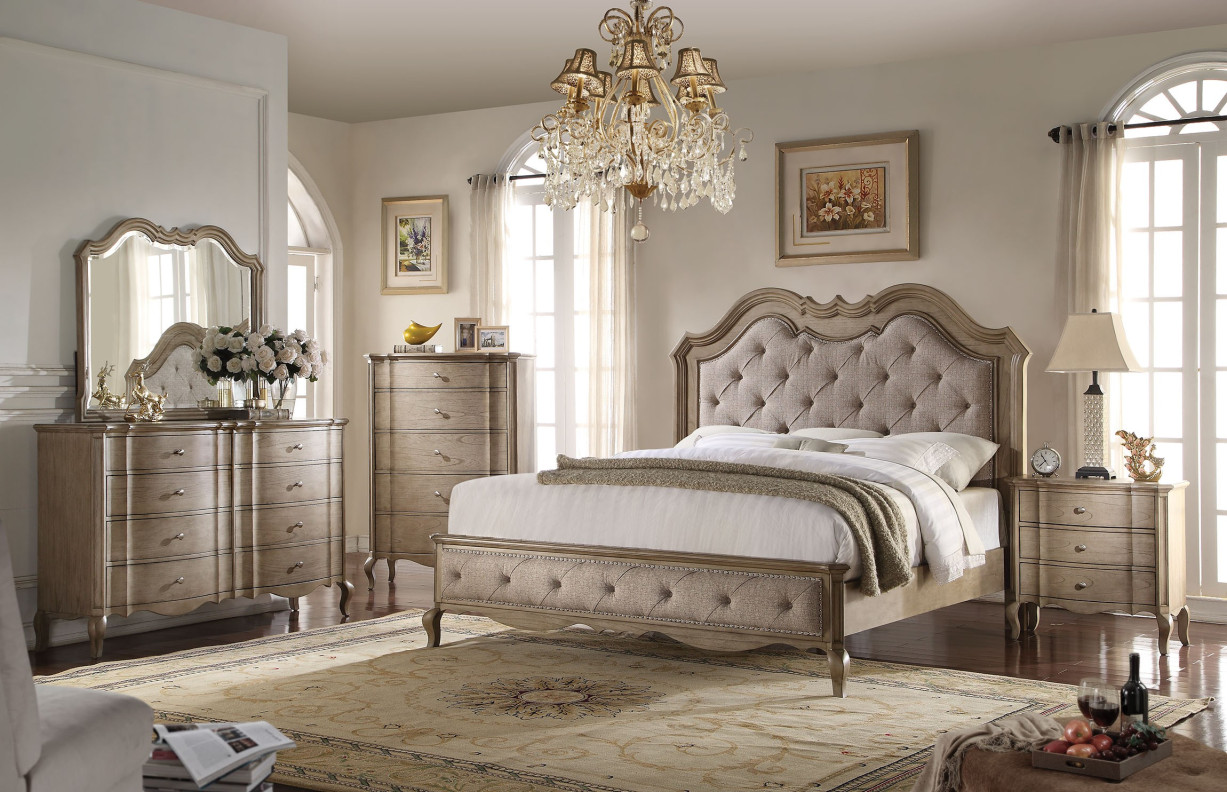 26050 Acme Bedroom Set Chelmsford Collection Antique Taupe / Tan Fabric
