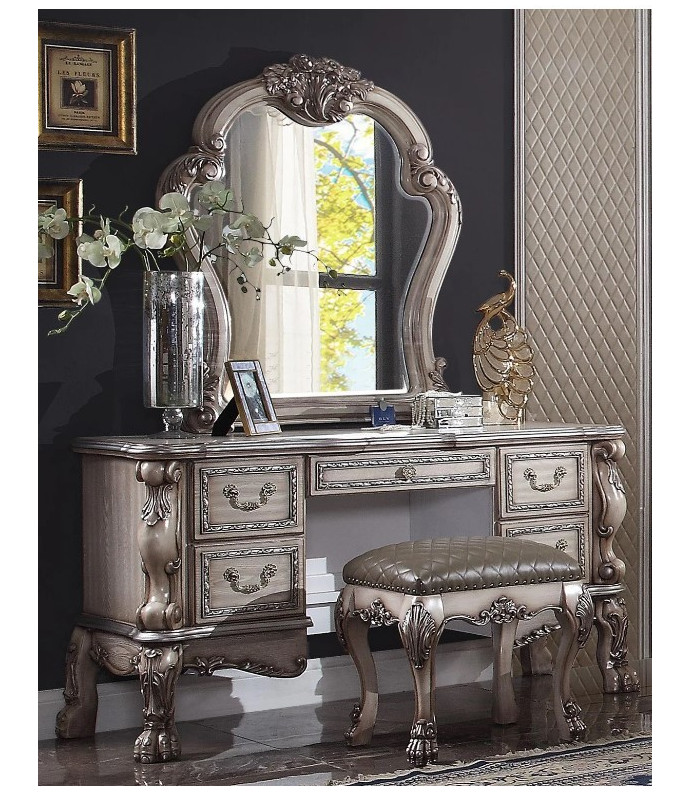 28193 Vintage Bone White Finish Vanity & Mirror Dresden Collection By Acme Furniture