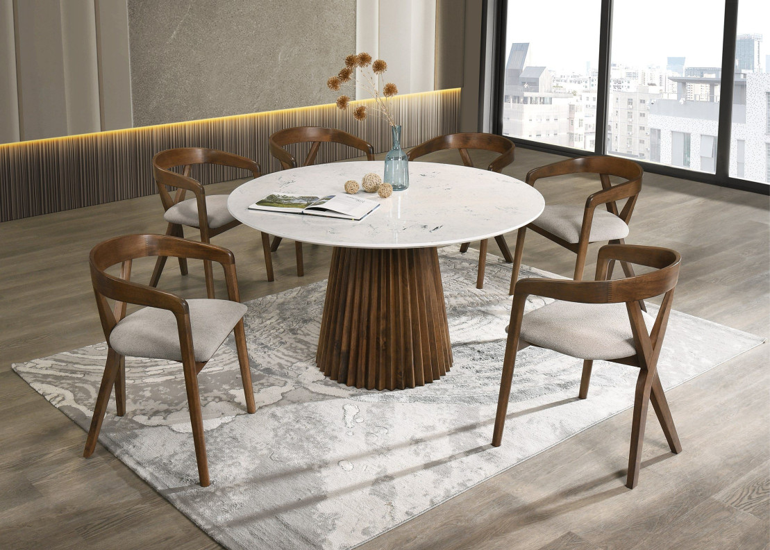 82161 Modrest Nancy + Weiss - Mid-Century Modern Marble + Walnut Dining Table Set By VIG Furniture