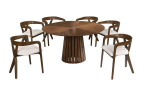 81819 Modrest Weiss - Mid-Century Modern Walnut Round Dining Table + 6 Chair Set By VIG Furniture