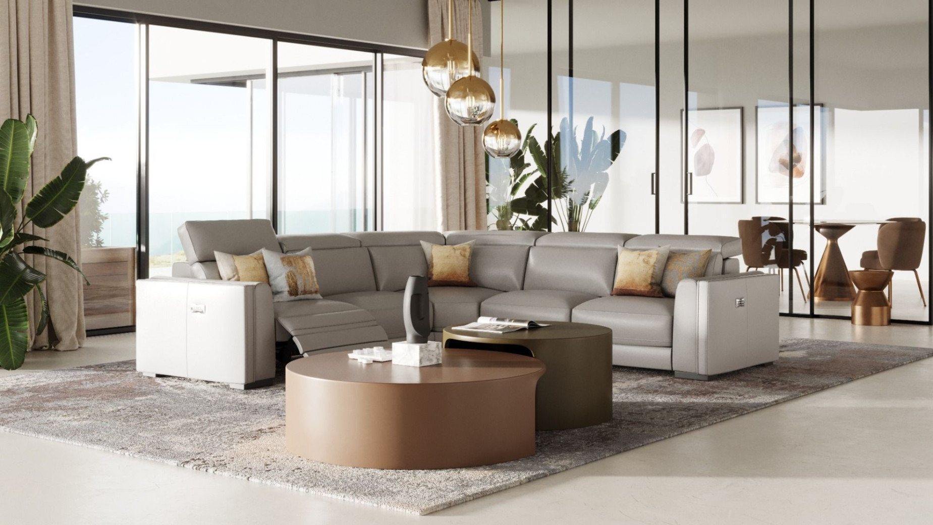 80075A Modrest Frazier - Modern Light Grey Leather Sectional Sofa with 3 Recliners By VIG Furniture