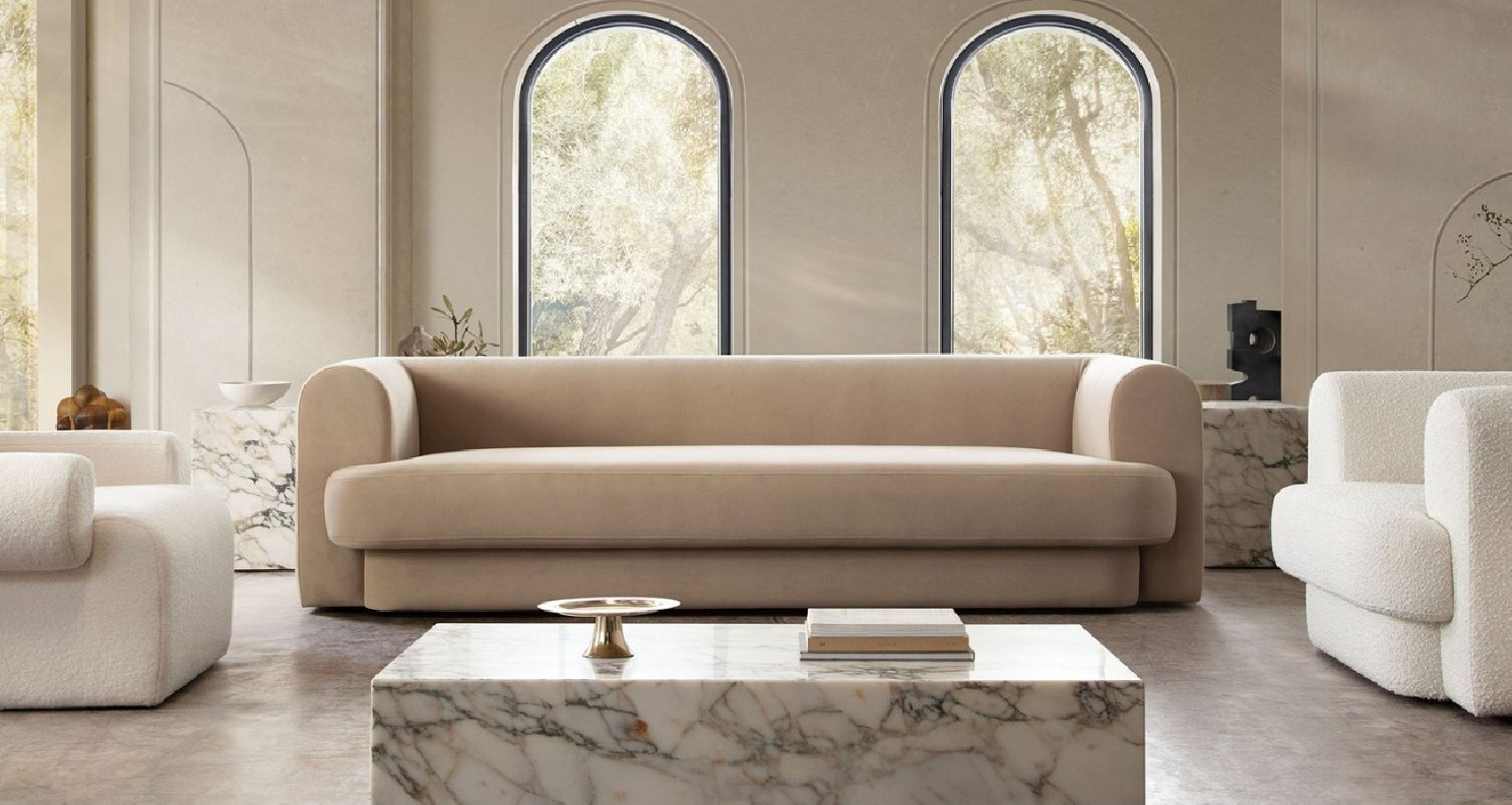 Form Collection contemporary and modern Sofa in Camel Velvet by Diamond Sofa