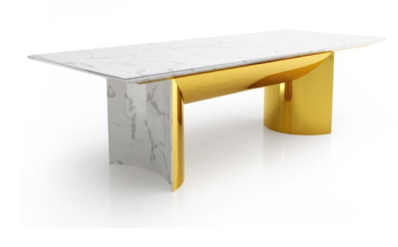 Messina Rectangular Luxury & Modern Dining Table in Champagne Gold  | Snow Marble by Roberto Grassie