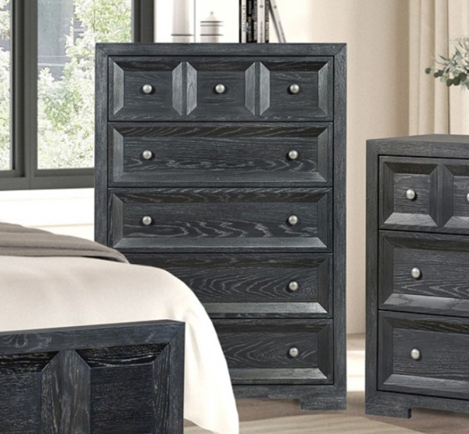 FM79021BK 5PC Queen Bedroom Set Contemporary Style Weathered Black Finish Hatton Cross Collection by Furniture of America
