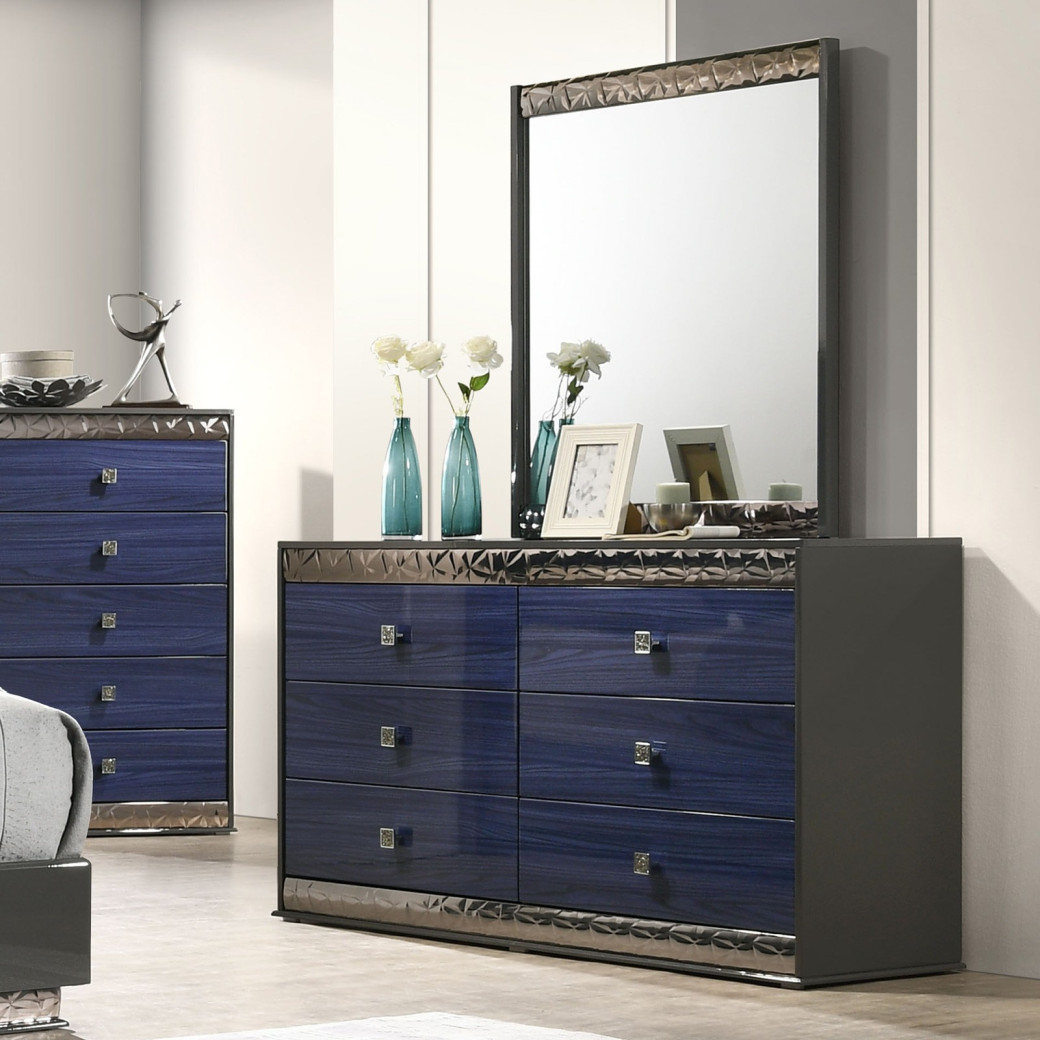 FM7250BL 5PC Queen Bedroom Set Glam Style Gray/Indigo Blue By Furniture Of America