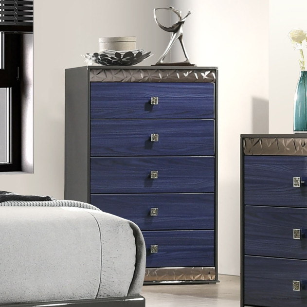 FM7250BL 5PC Queen Bedroom Set Glam Style Gray/Indigo Blue By Furniture Of America