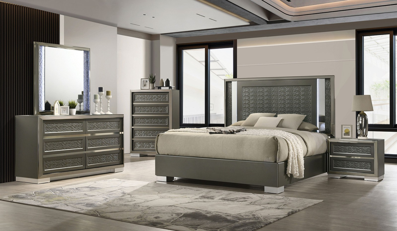 FM7252DG 5PC Queen Bedroom Set Contemporary Style Dark Gray Finish By Furniture Of America