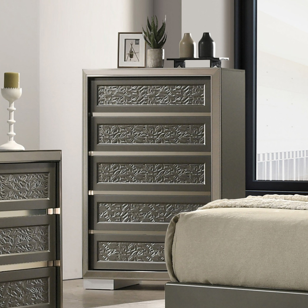 FM7252DG 5PC Queen Bedroom Set Contemporary Style Dark Gray Finish By Furniture Of America