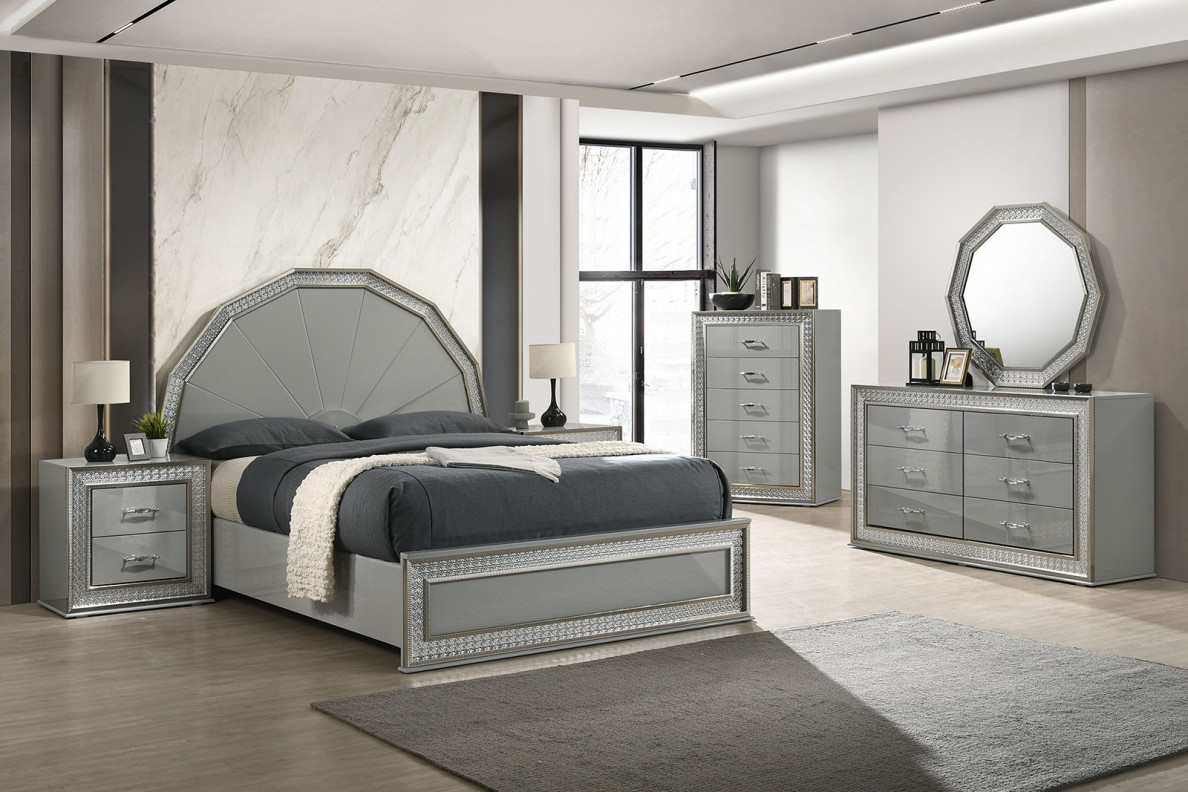 FM7253GY 5PC Queen Bedroom Set Contemporary Style Metallic Gray Finish By Furniture Of America
