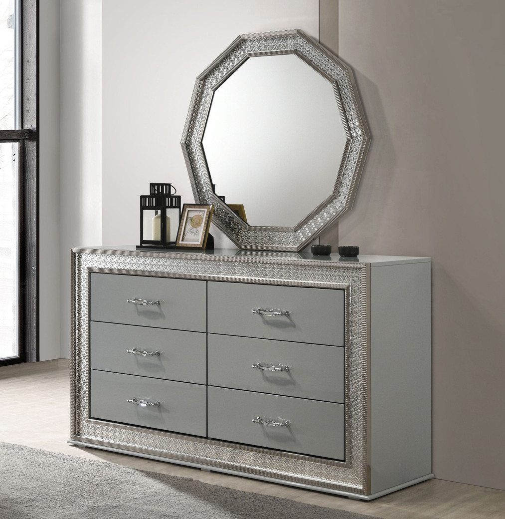 FM7253GY 5PC Queen Bedroom Set Contemporary Style Metallic Gray Finish By Furniture Of America