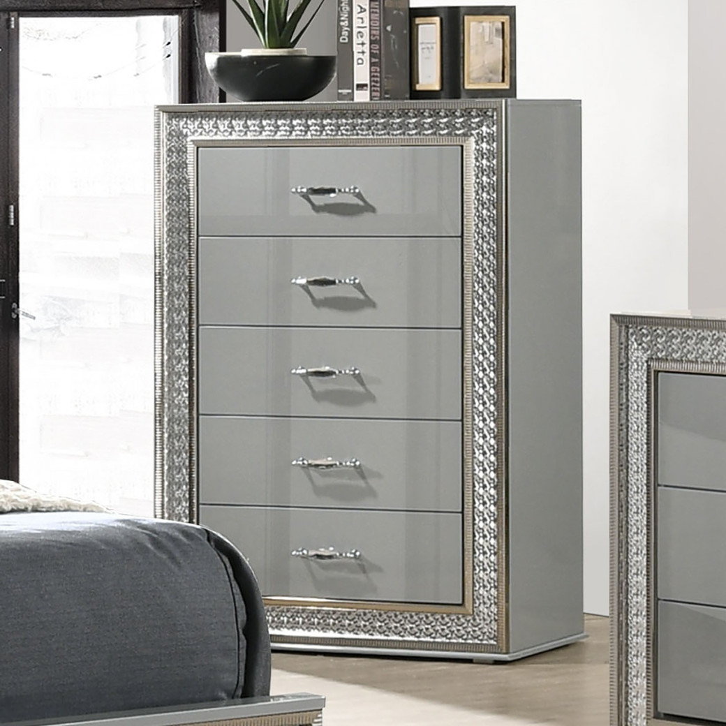 FM7253GY 5PC Queen Bedroom Set Contemporary Style Metallic Gray Finish By Furniture Of America