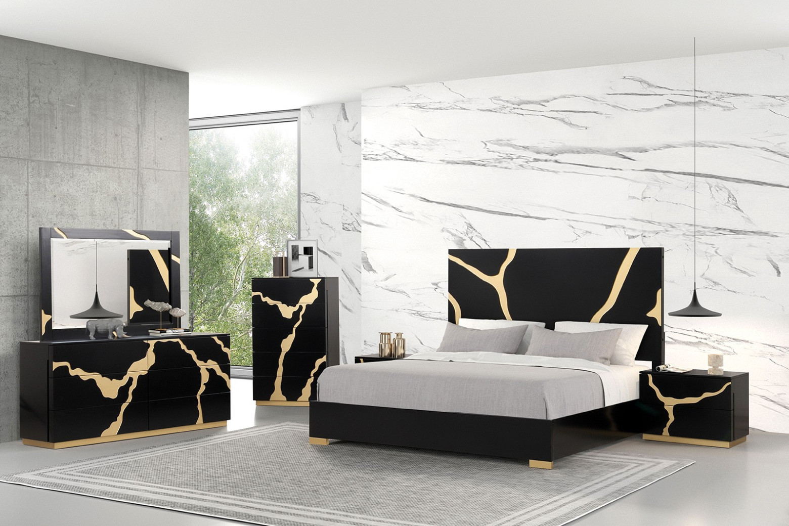 FM7425BK-WP 7PC Queen Bedroom Set Contemporary Style Black w/Gold Accents By Furniture Of America