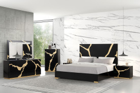 FM7425BK-WP 7PC Queen Bedroom Set Contemporary Style Black w/Gold Accents By Furniture Of America