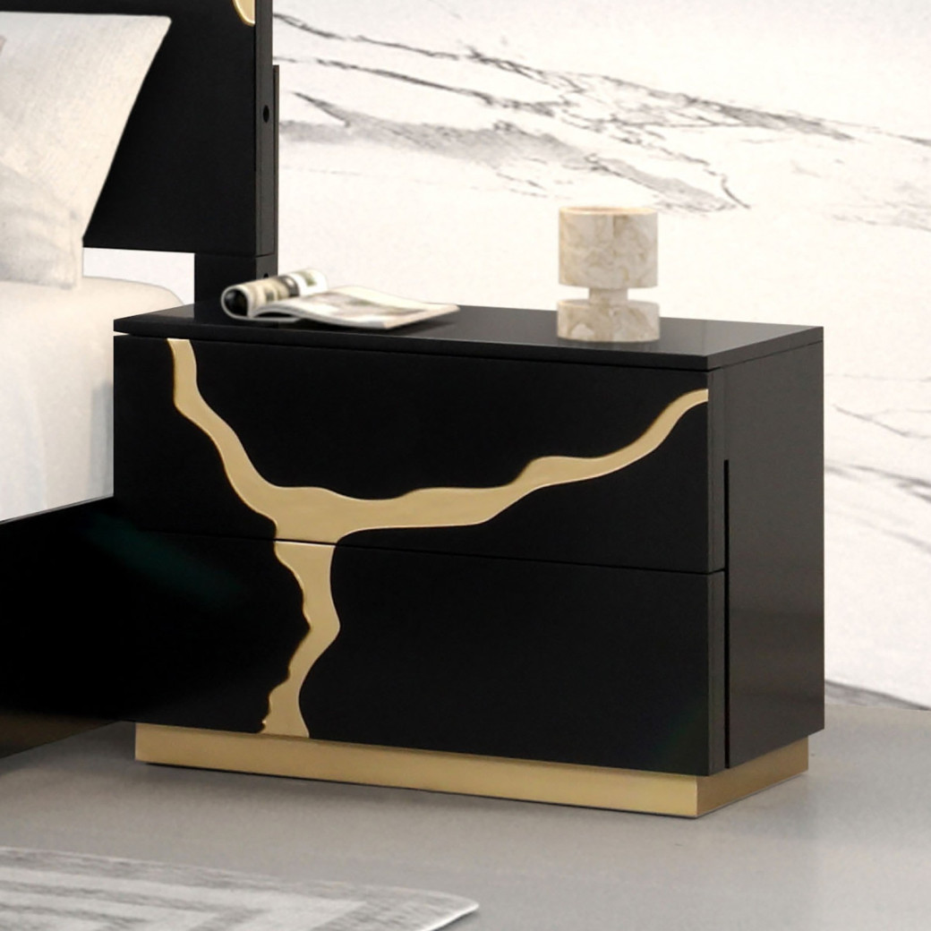FM7425BK-WP 7PC Queen Bedroom Set Contemporary Style Black w/Gold Accents By Furniture Of America