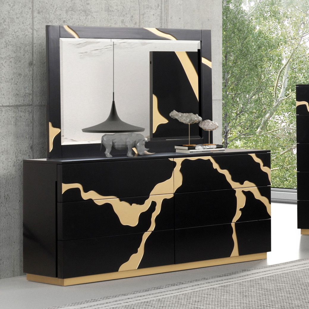FM7425BK-WP 7PC Queen Bedroom Set Contemporary Style Black w/Gold Accents By Furniture Of America