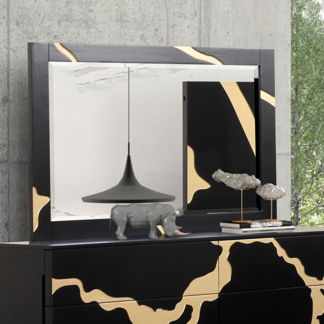 FM7425BK-WP 7PC Queen Bedroom Set Contemporary Style Black w/Gold Accents By Furniture Of America