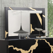 FM7425BK-WP 7PC Queen Bedroom Set Contemporary Style Black w/Gold Accents By Furniture Of America