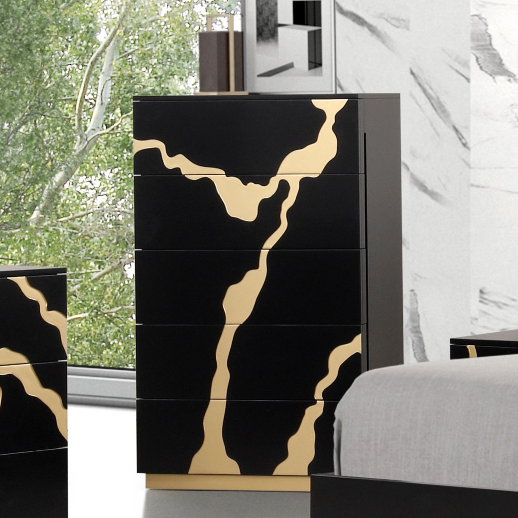 FM7425BK-WP 7PC Queen Bedroom Set Contemporary Style Black w/Gold Accents By Furniture Of America