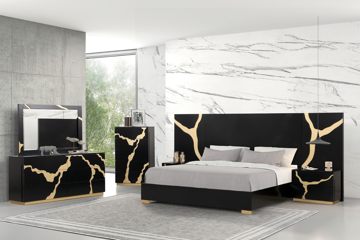 FM7425BK-WP 7PC Queen Bedroom Set Contemporary Style Black w/Gold Accents By Furniture Of America