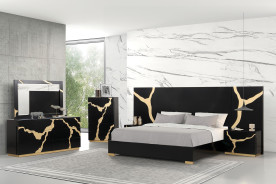 FM7425BK-WP 7PC Queen Bedroom Set Contemporary Style Black w/Gold Accents By Furniture Of America
