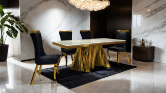 FM33001GD-T 7PC Dining Set Gold & Black Chairs Glam Style Basilicata Collection By Furniture of America
