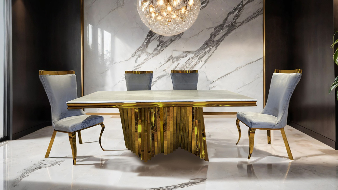 FM33001GD-T 7PC Dining Set Gold & Gray Chairs Glam Style Basilicata Collection By Furniture of America