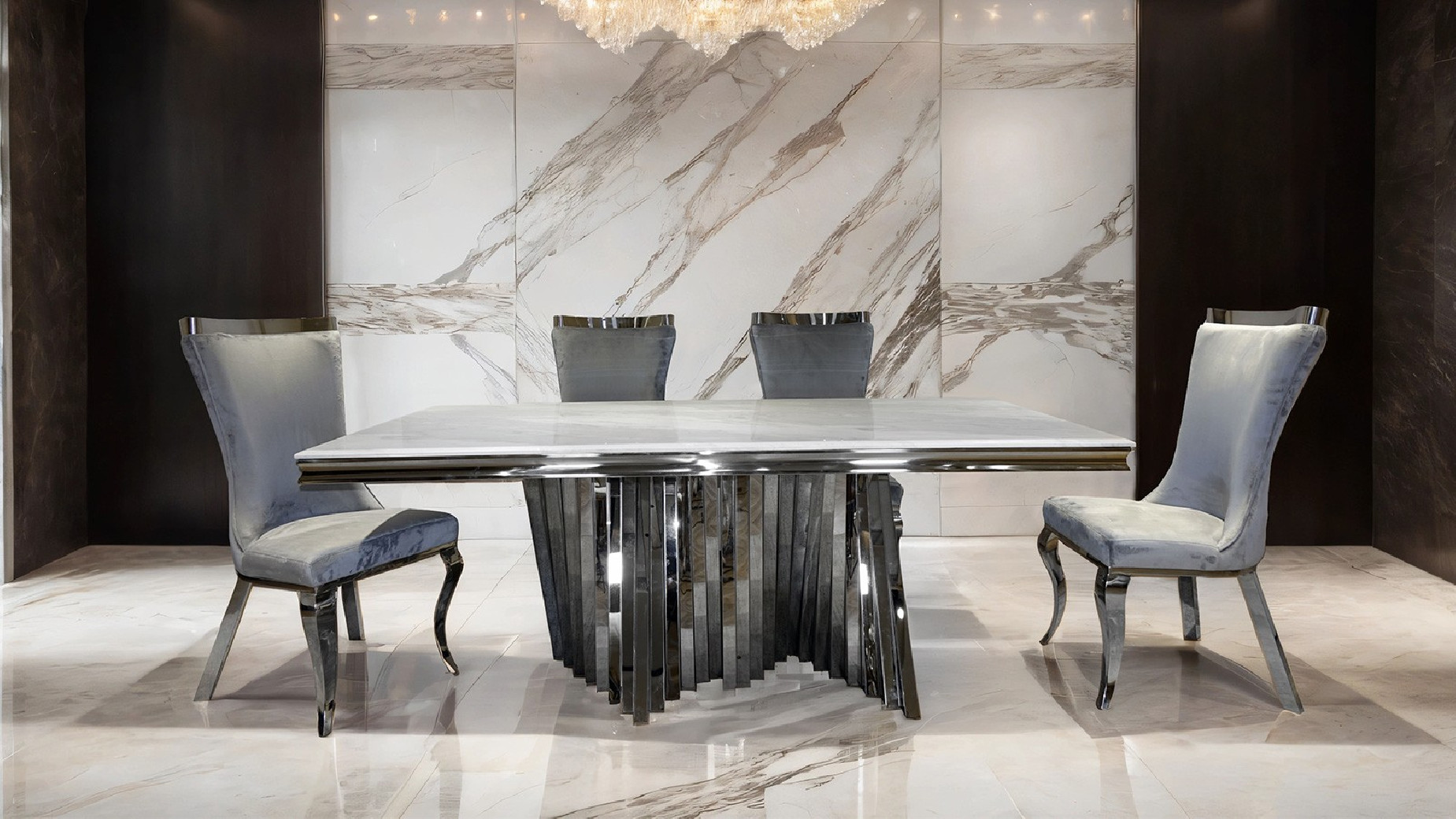 FM33001SV-T 7PC Dining Set Chrome & Gray Chairs Glam Style Basilicata Collection By Furniture of America