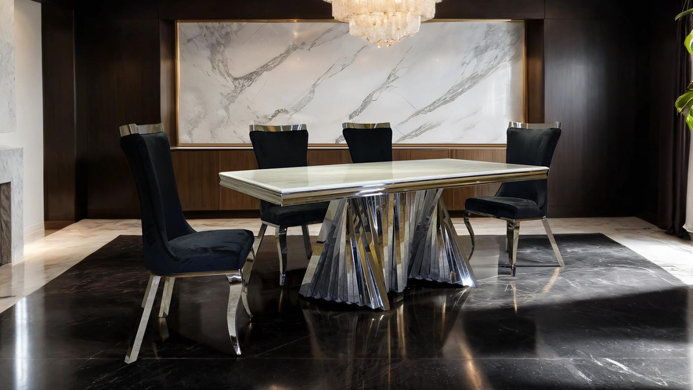 FM33001SV-T 7PC Dining Set Gold & Black Chairs Glam Style Basilicata Collection By Furniture of America
