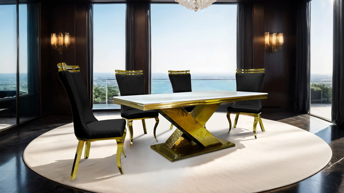 FM33002GD-T 7PC Dining Set Gold & Black Chairs Glam Style Palazzo Collection By Furniture of America