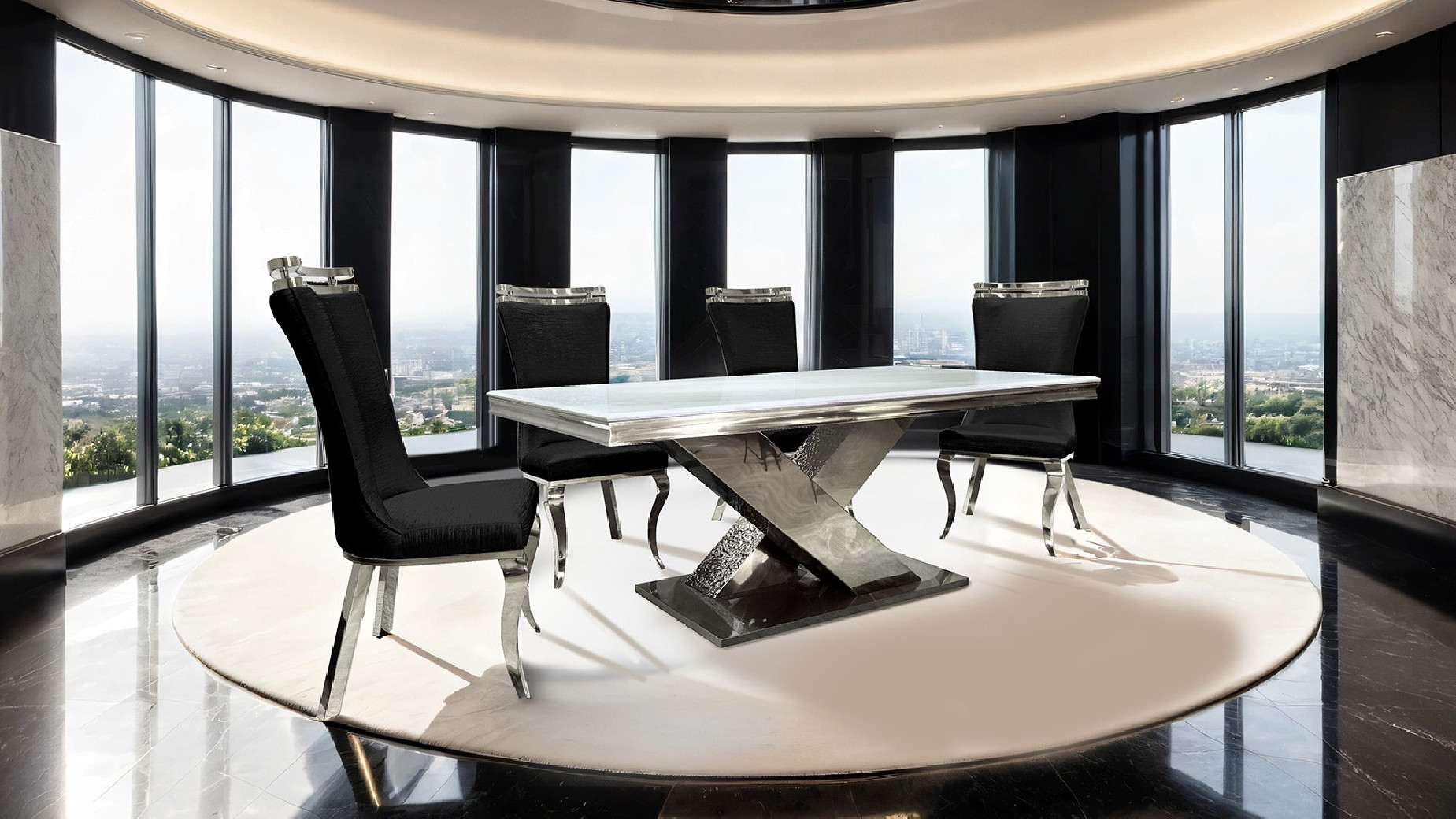 FM33002SV-T 7PC Dining Set Chrome & Black Chairs Glam Style Palazzo Collection By Furniture of America