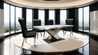 FM33002SV-T 7PC Dining Set Chrome & Black Chairs Glam Style Palazzo Collection By Furniture of America