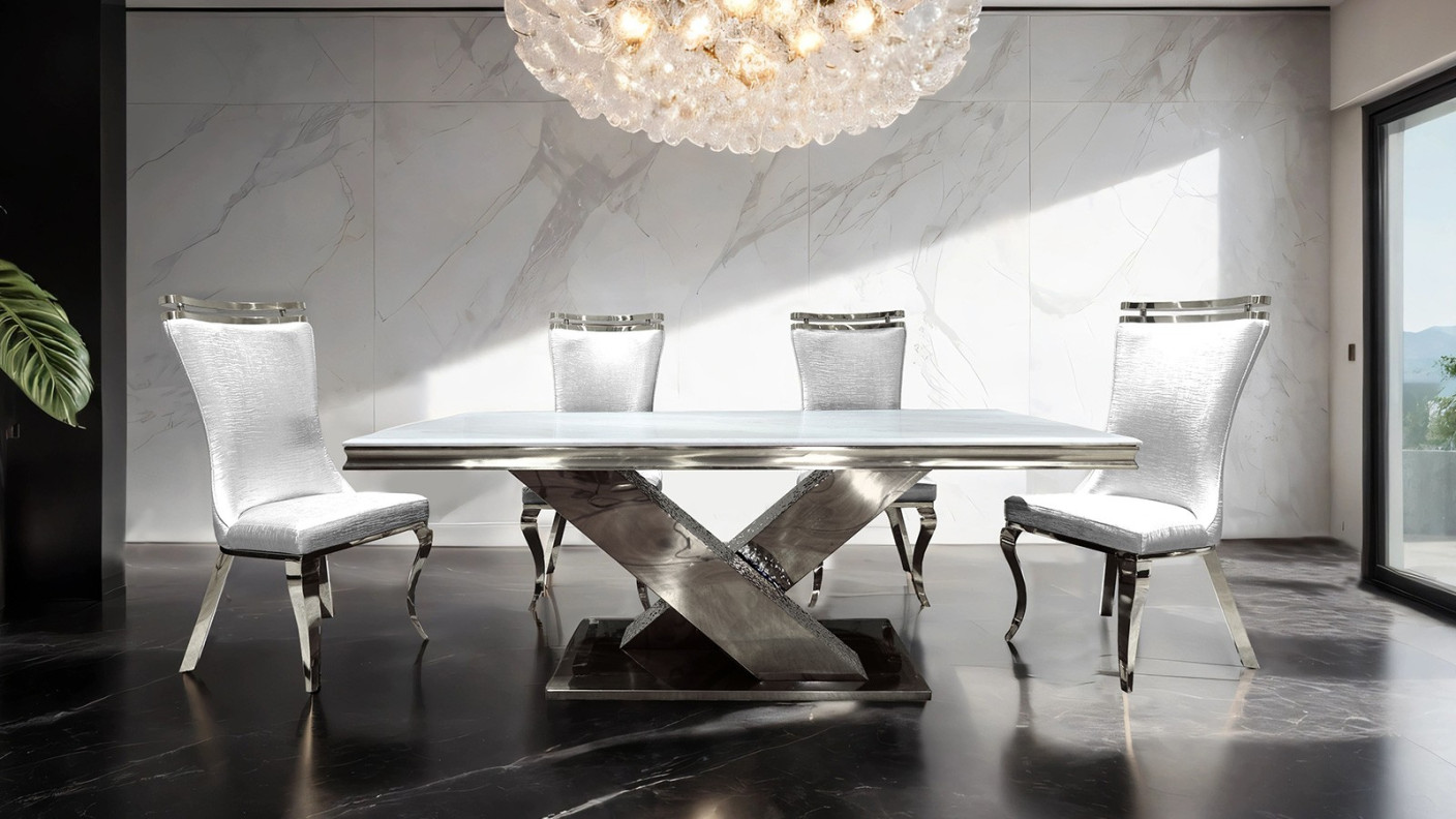 FM33002SV-T 7PC Dining Set Chrome & White Chairs Glam Style Palazzo Collection By Furniture of America