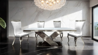 FM33002SV-T 7PC Dining Set Chrome & White Chairs Glam Style Palazzo Collection By Furniture of America