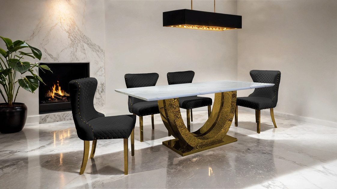 FM33003GD-T 7PC Dining Set Gold & Black Chairs Glam Style Portanova Collection By Furniture of America