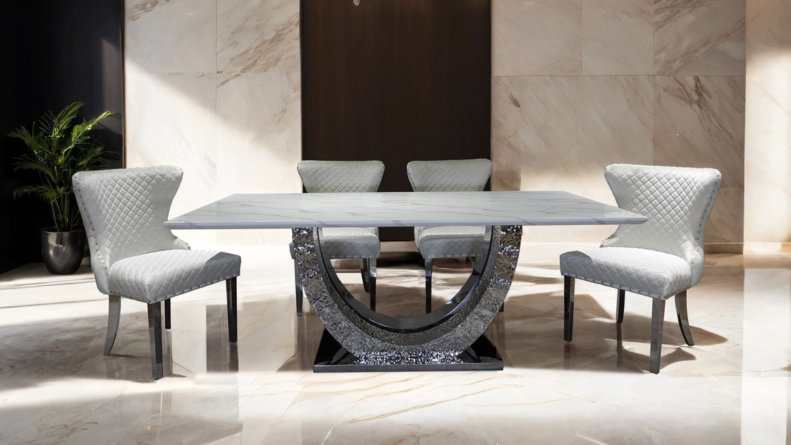 FM33003GD-T 7PC Dining Set Chorme & White Chairs Glam Style Portanova Collection By Furniture of America