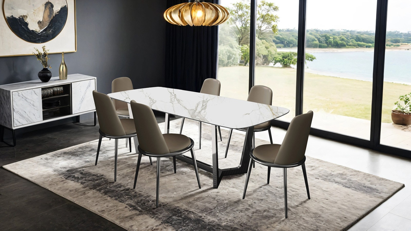 FM3701SV-T 7PC Dining Set Silver & White Ceramic Table Top Contemporary Style Norelli Collection By Furniture of America
