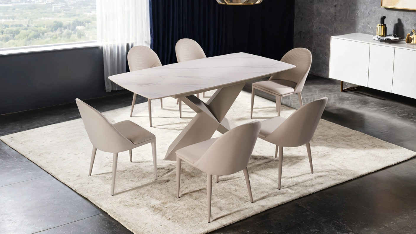 FM3700BR-T 7PC Dining Set Light Brown & White Ceramic Table Top Contemporary Style Lenvik Collection By Furniture of America