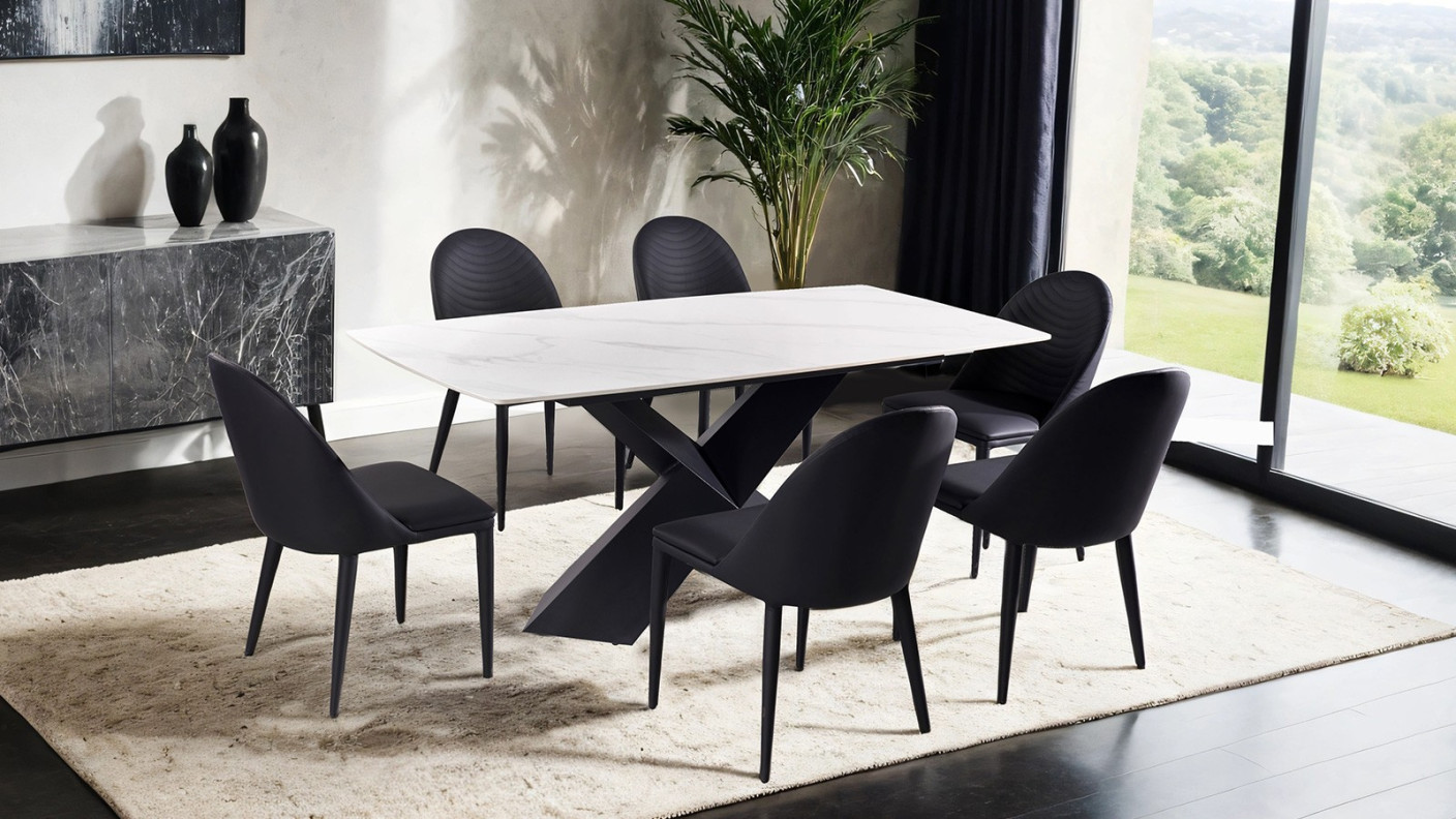 FM3700BK-T 7PC Dining Set Black & White Ceramic Table Top Contemporary Style Lenvik Collection By Furniture of America