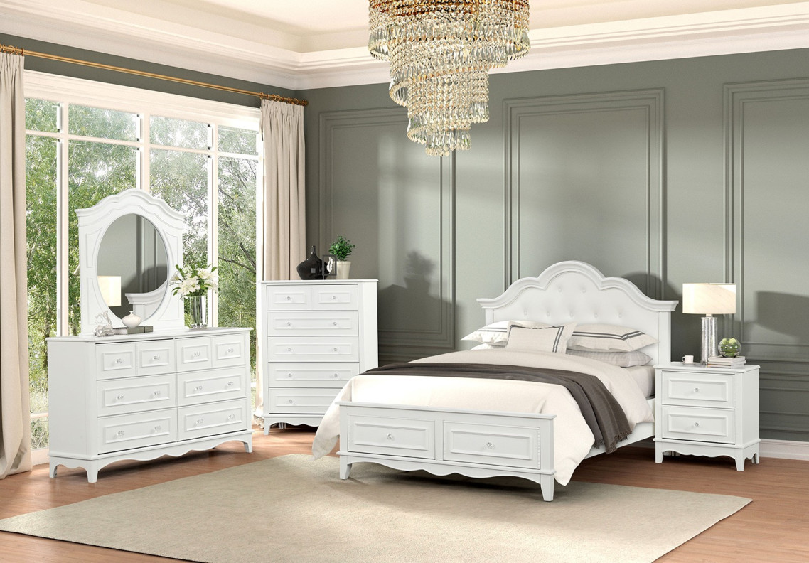 FM7456WH 5PC Queen Size Bedroom Set Traditional Style White finish Naucalpan Collection by Furniture of America