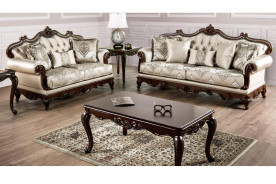 FM65002 2PC Sofa & Loveseat Traditional Style Dark Cherry/Beige Veracruz Collection By Furniture of America