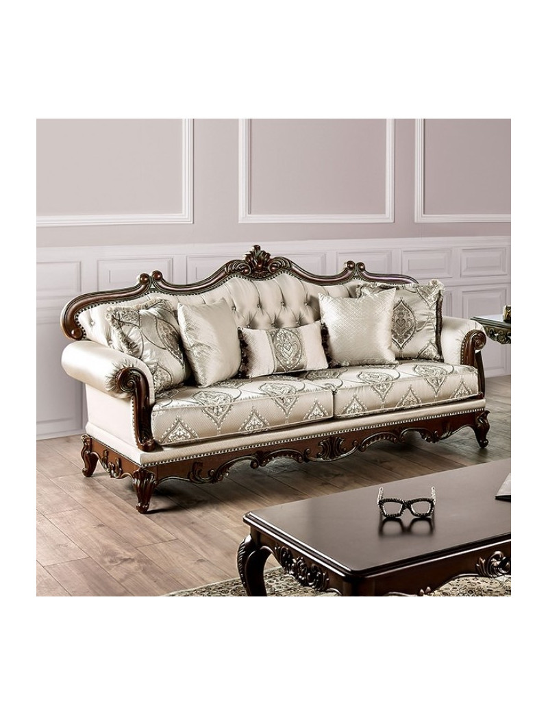 FM65002 2PC Sofa & Loveseat Traditional Style Dark Cherry/Beige Veracruz Collection By Furniture of America