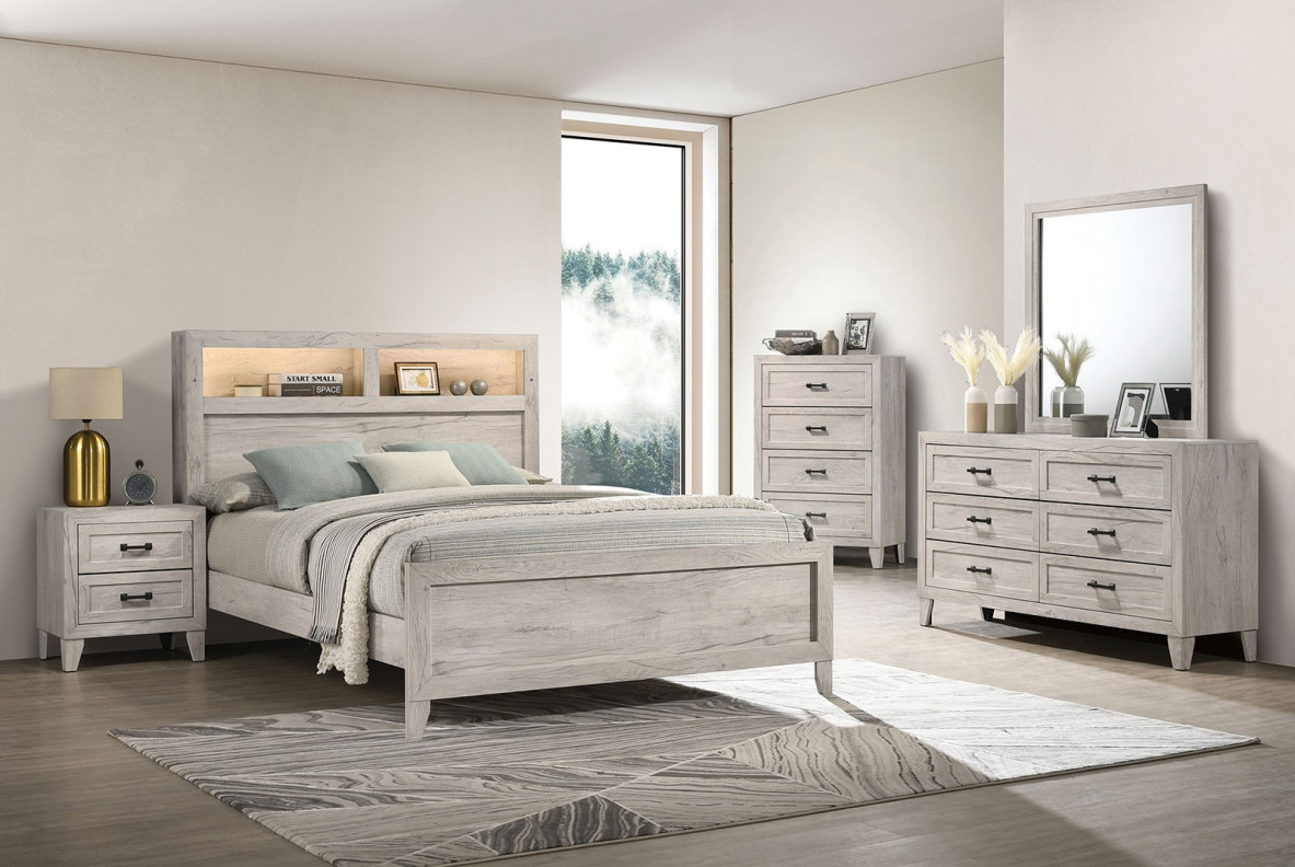 FM7202WH 5PC Queen Size Bedroom Set Contemporay Style White wash Finish Mysen Collection by Furniture of America