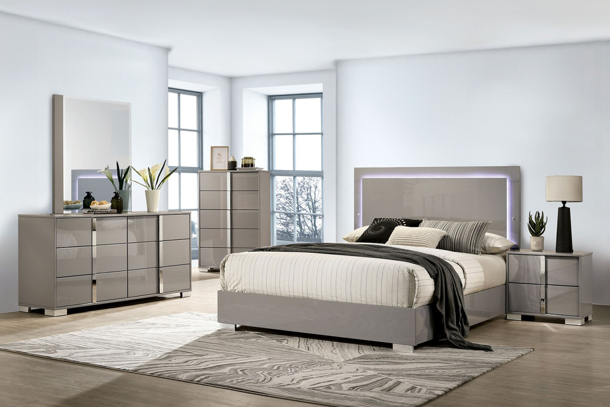 FM7211BG 5PC Queen Size Bedroom Set Contemporay Style Light Taupe Finish Sinistra Collection by Furniture of America