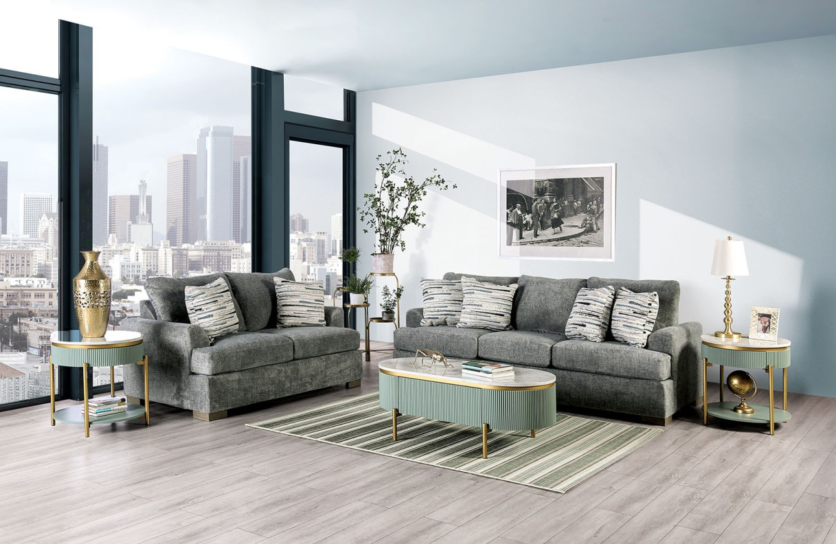 SM1208 2PC Sofa & Loveseat Transitional Style Gray Fabric Leytonstone Collection By Furniture of America