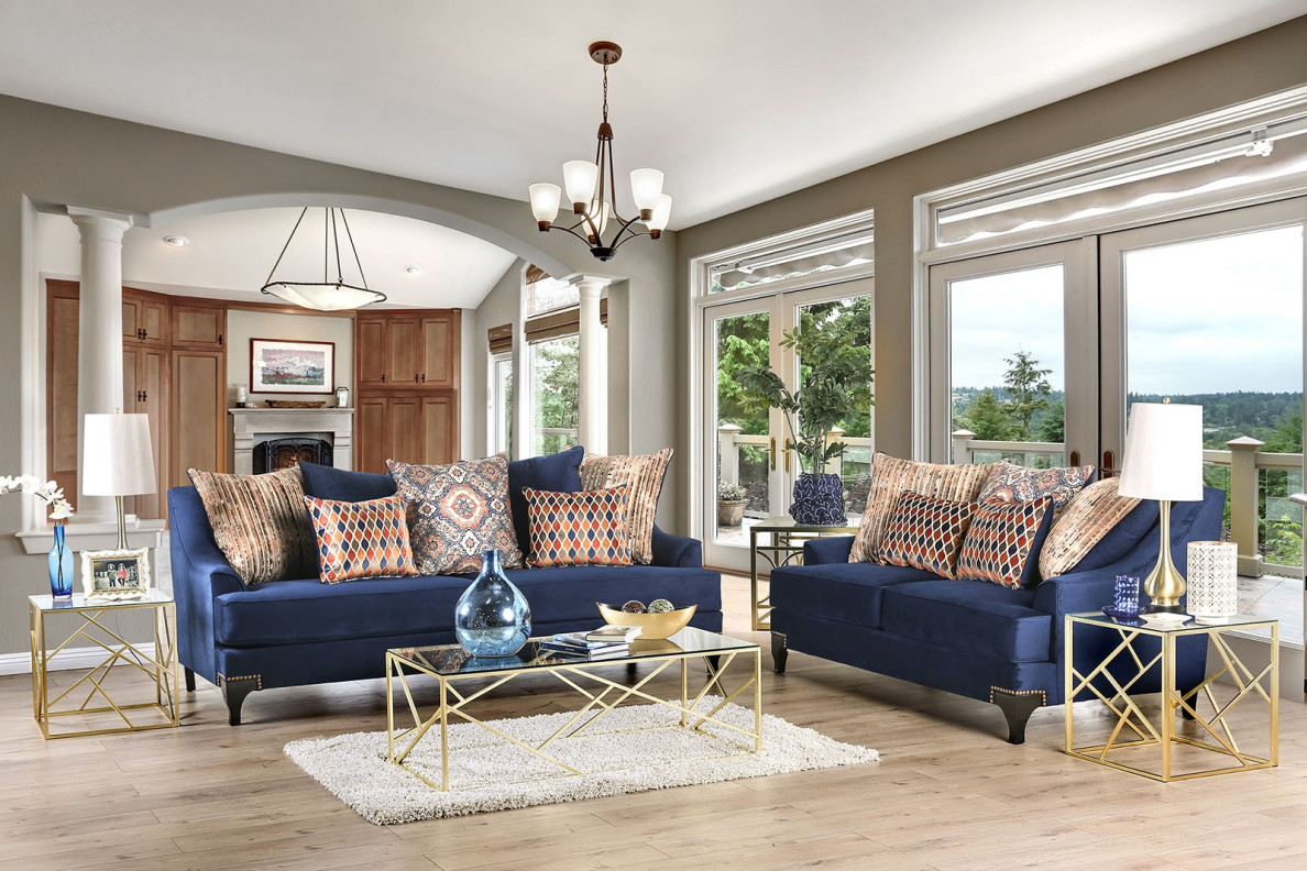 SM2210 Transitional Style Sofa & Loveseat Blue Sisseton Collection By Furniture of America
