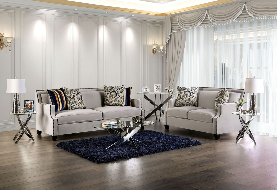 SM2270 Transitional Style Sofa & Loveseat Light Gray/Navy Velvet Montecito Collection By Furniture of America