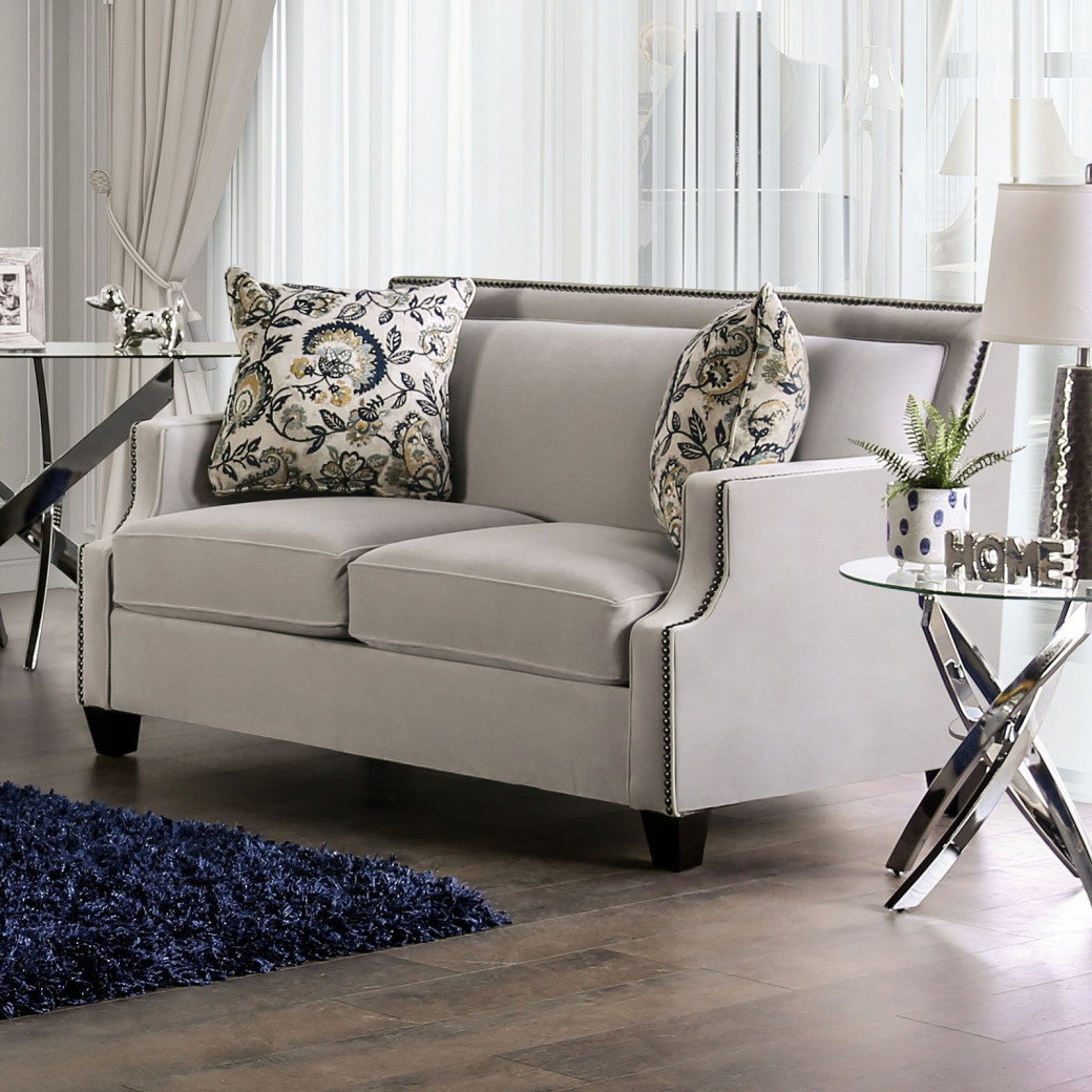 SM2270 Transitional Style Sofa & Loveseat Light Gray/Navy Velvet Montecito Collection By Furniture of America