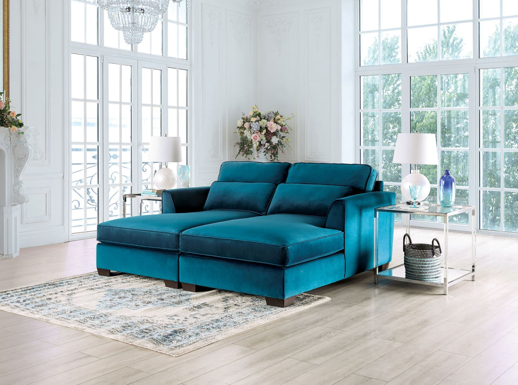 SM5415 Double Chaise Sofa Contemporary Style Teal Velvet By Furniture of America
