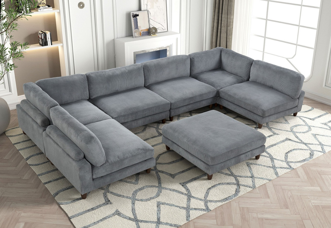 FM6800GY 8PC Contemporary Sectional Gray Corduroy Dagenham Collection By Furniture of America